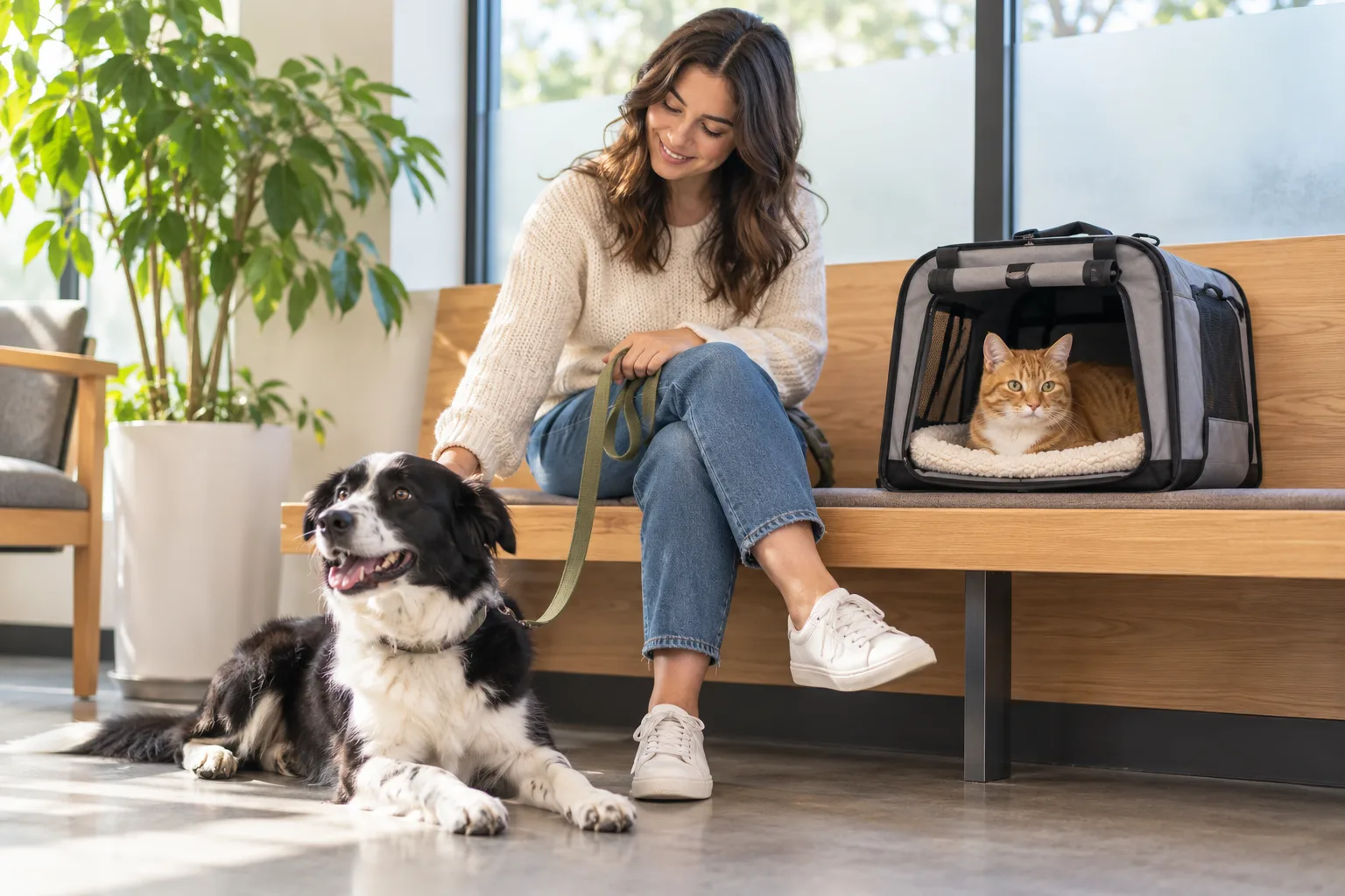 Owner in a veterinary waiting area with a dog and a cat carrier